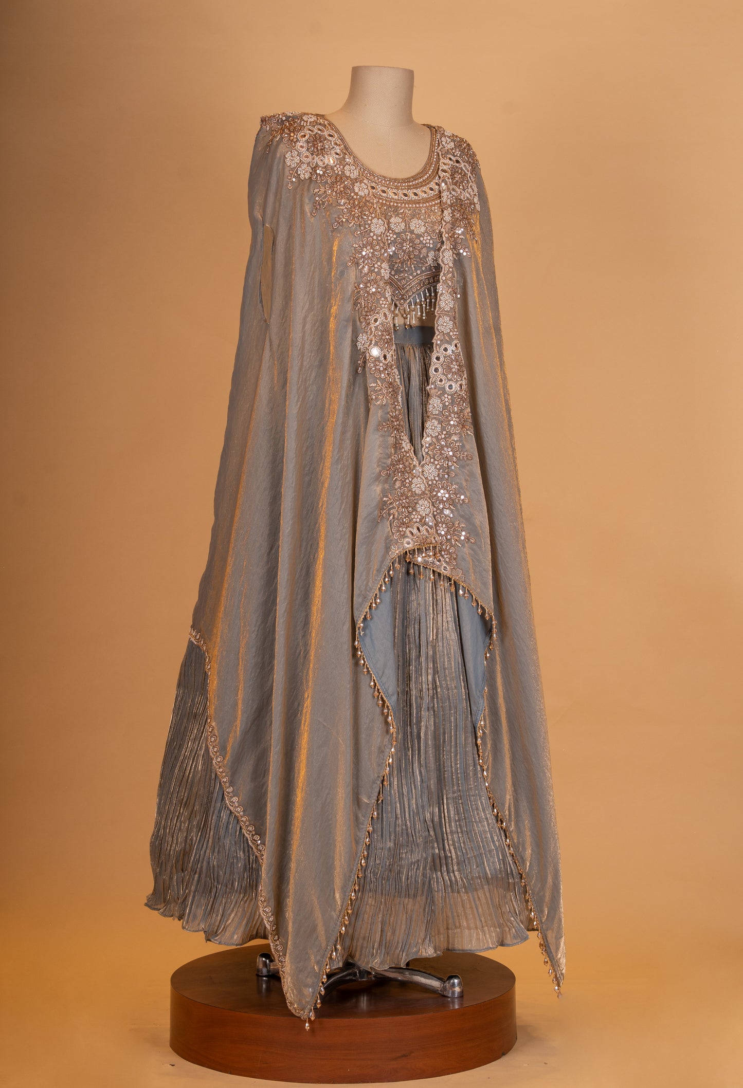 Luxury Grey Embroidered Lehenga Set with Cape-Style Dupatta