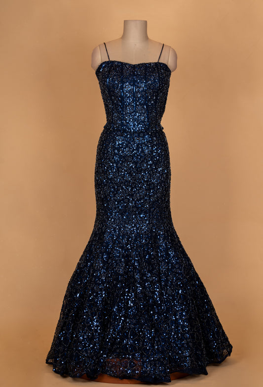 Midnight blue sequin embellished evening gown with sheer dupatta – product image 2