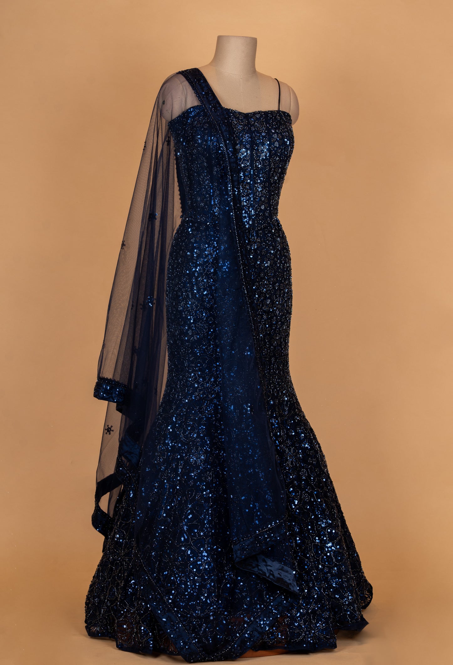 Midnight Blue Sequin Embellished Evening Gown with Sheer Dupatta
