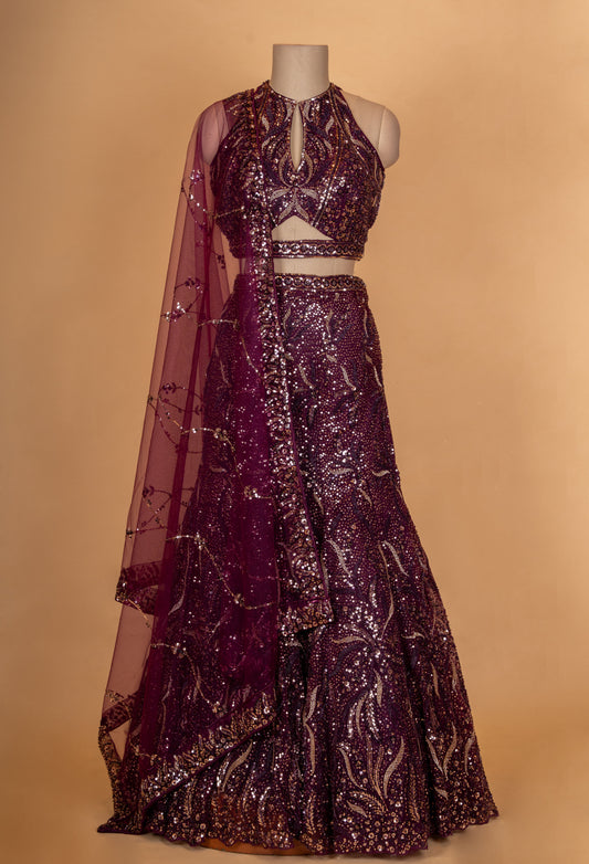 Wine purple sequin embroidered lehenga set with dupatta – product image 2