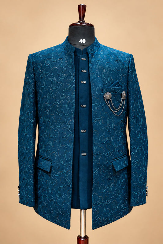 Men's Teal Blue Embroidered Indo-Western Sherwani Set