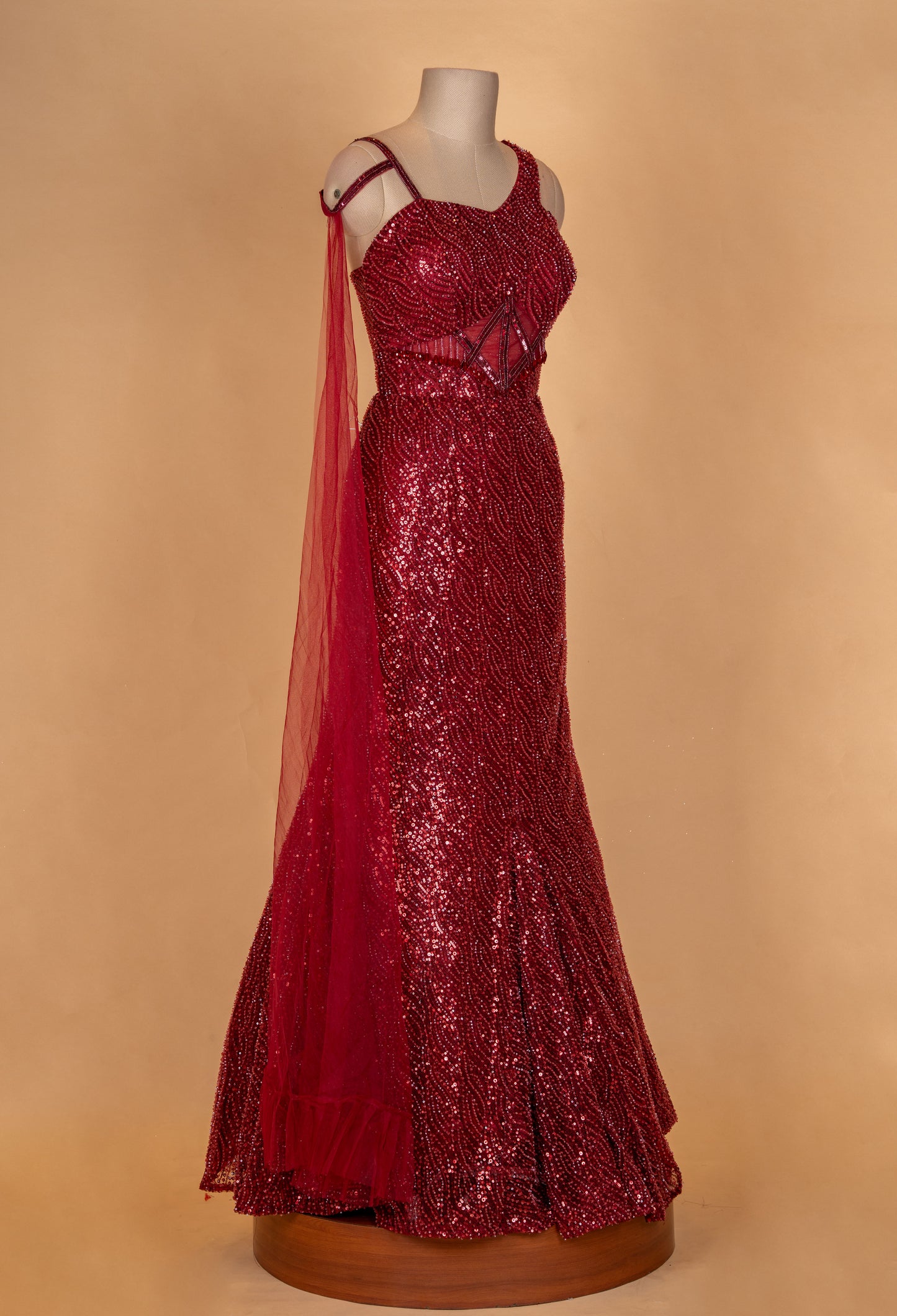 Wine Red Sequin Embellished Mermaid Gown with Sheer Cape