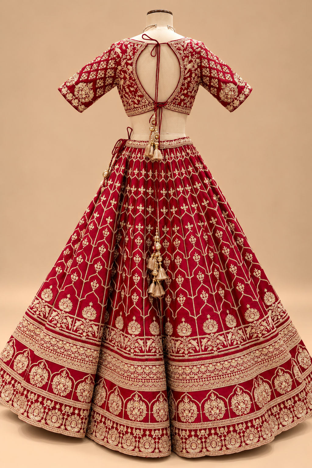 Luxury Red Bridal Lehenga with Gold Floral Embroidery and Scalloped Dupatta