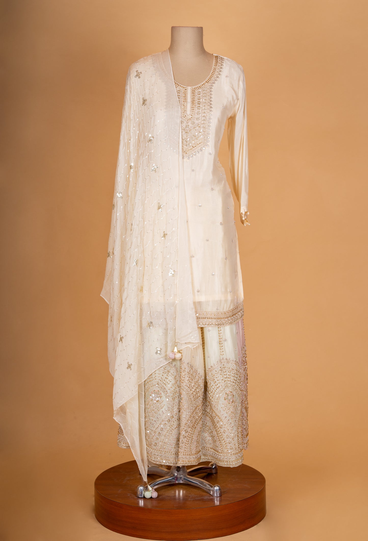 Elegant Cream Embroidered Kurta Set with Heavy Sharara & Dupatta