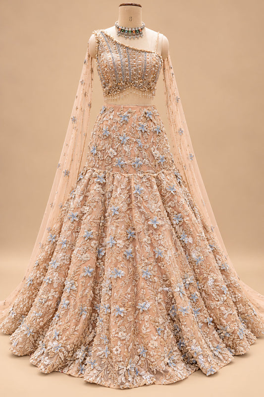 Luxury Peach Bridal Lehenga with 3D Floral Embroidery and Blue Floral Detailing