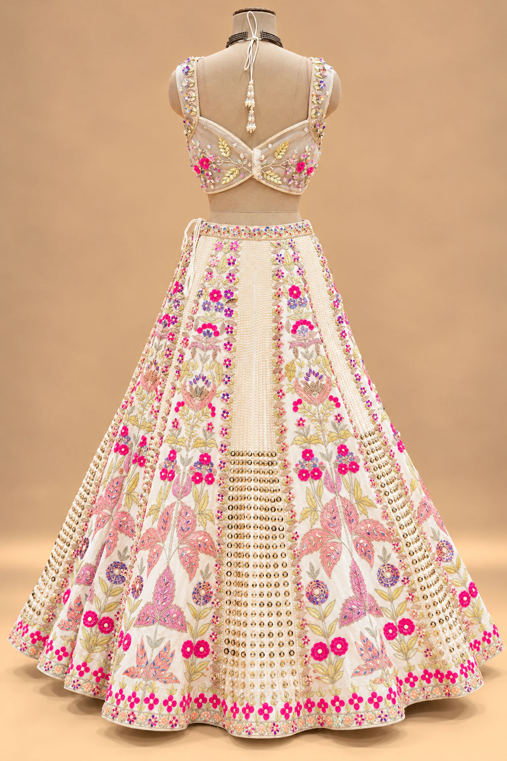 Luxury Ivory Bridal Lehenga with Multicolor Floral Embroidery and Mirror-Style Embellishments
