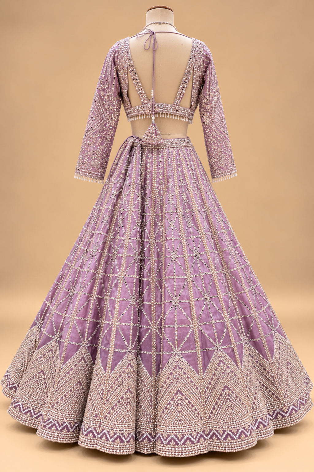 Luxury Lavender Lehenga with Shimmering Sequin Embroidery and Geometric Mirror-Style Work