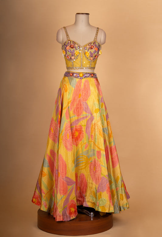 Yellow Floral Printed Lehenga Choli with Cape Dupatta – Designer Haldi & Mehendi Outfit for Women - view 2