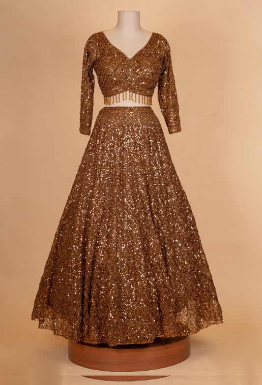 Brown Sequin Embroidered Lehenga Choli with Net Dupatta – Designer Wedding & Party Wear Lehenga for Women - view 2