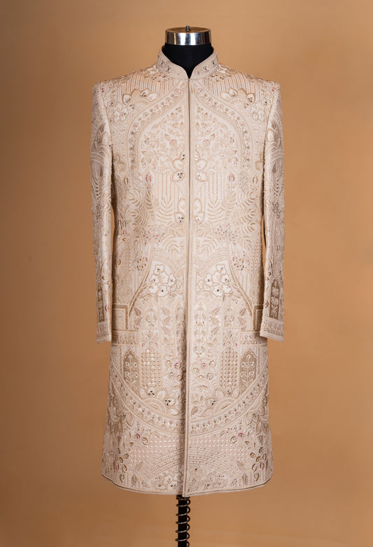 Beige embroidered sherwani set with stole for men – product image 2