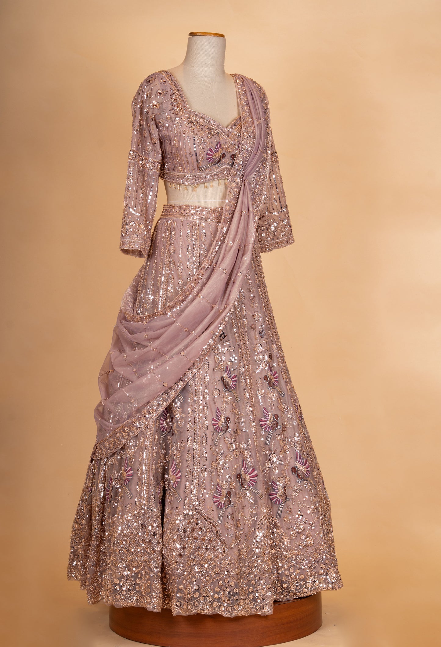 Dusty Rose Embroidered Lehenga Choli Set with Net Dupatta for Women