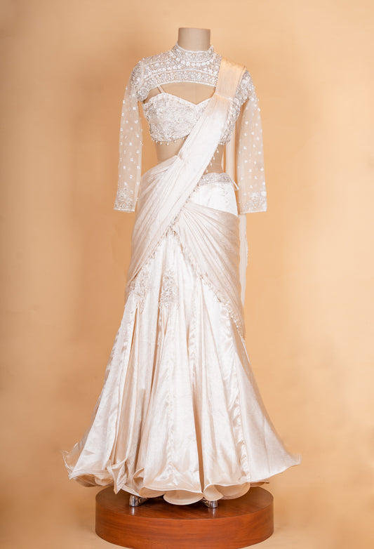 Ivory draped saree lehenga with embroidered blouse and dupatta – product image 2