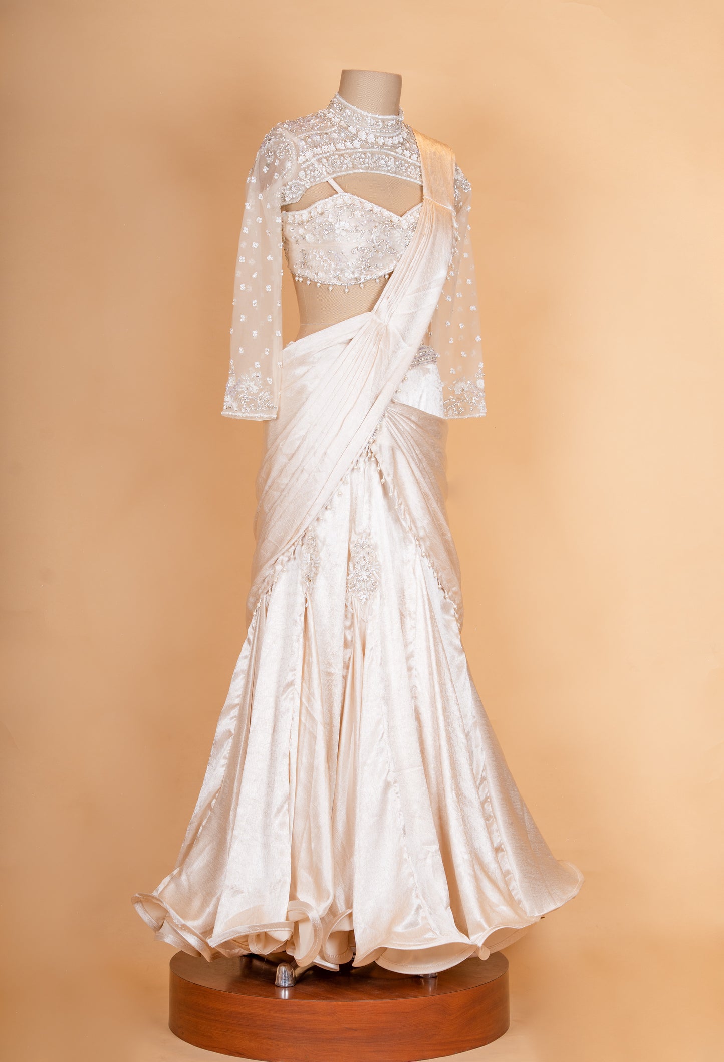Elegant Ivory Draped Saree Lehenga with Embroidered Blouse & Sheer Dupatta