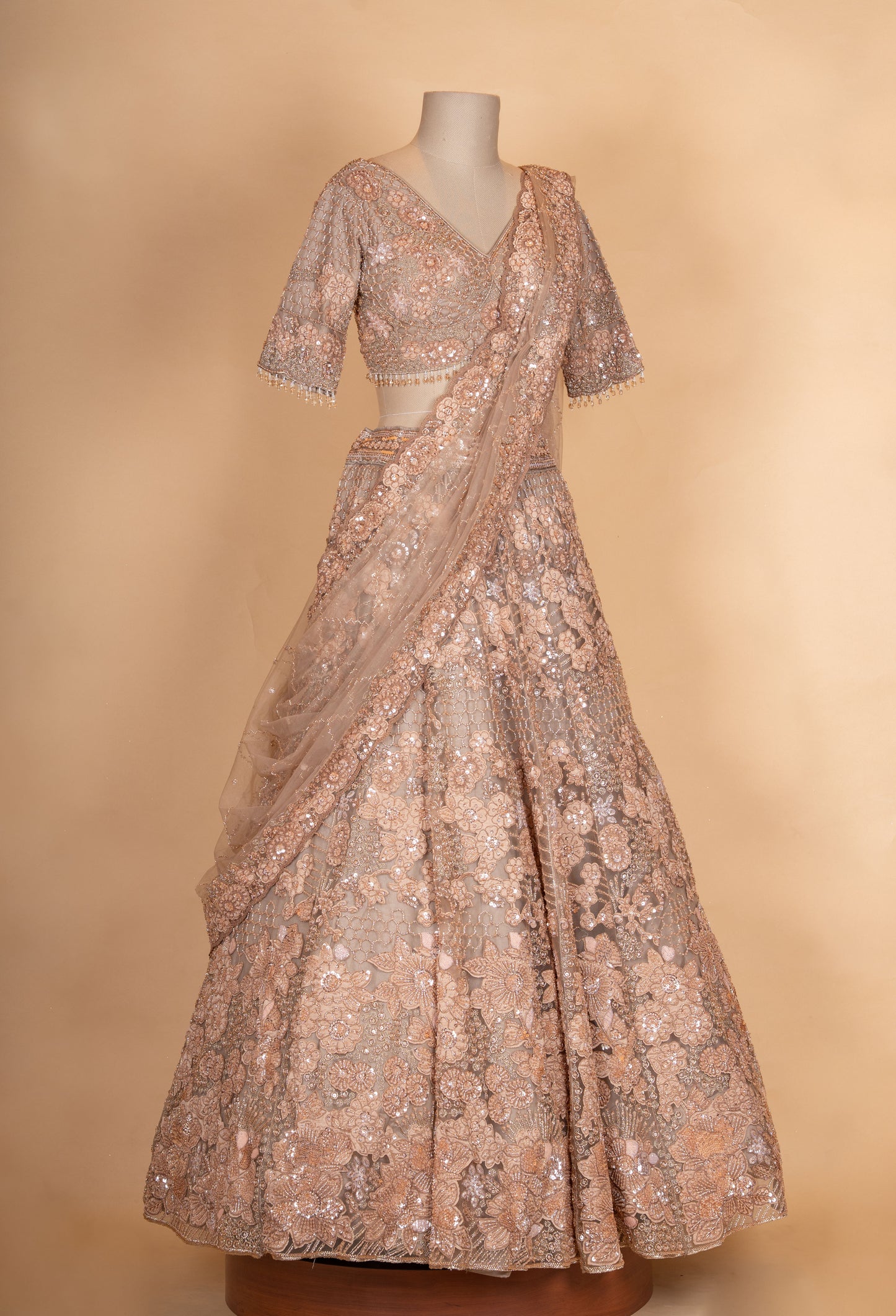 Luxury Nude Beige Floral Embroidered Lehenga Choli with Sheer Dupatta | Designer Wedding Wear