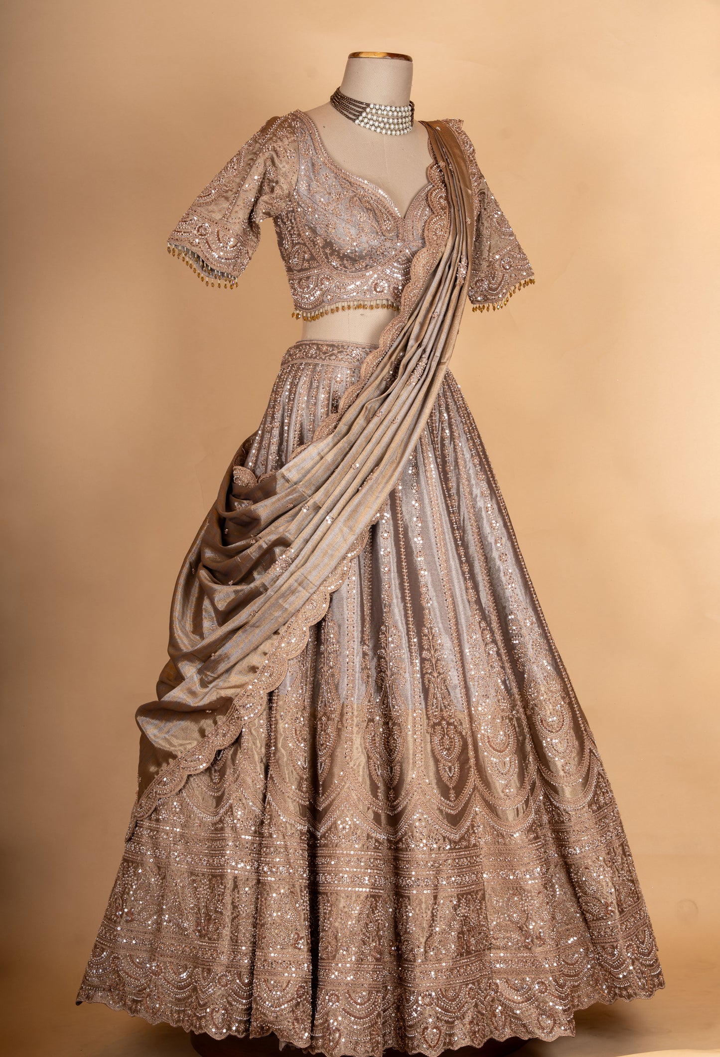 Elegant Bronze Gold Embroidered Lehenga Choli with Pleated Dupatta | Designer Wedding Wear