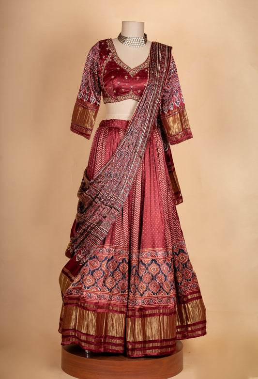 Royal maroon handcrafted bridal lehenga set with dupatta – product image 2