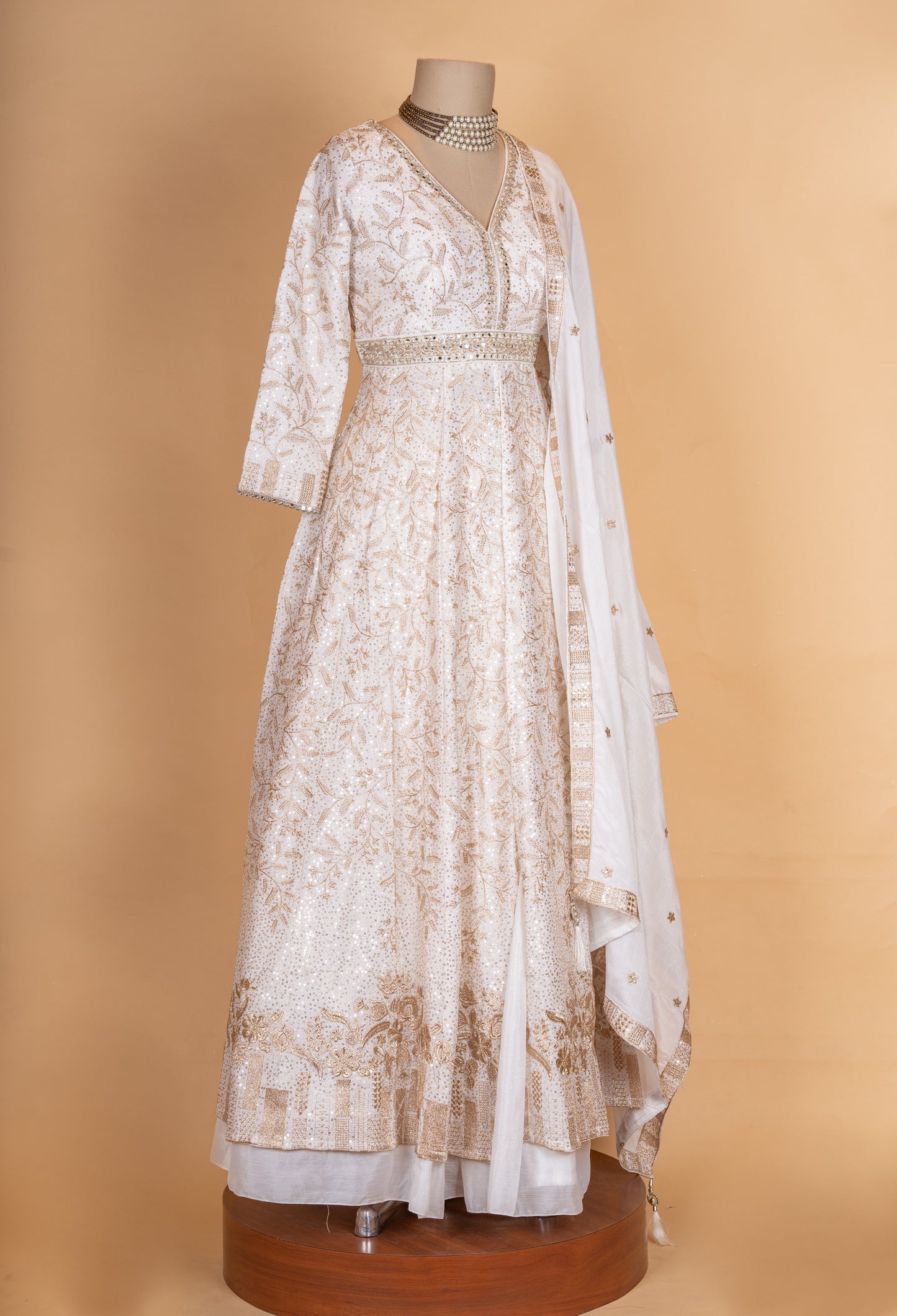 Ivory & Gold Embroidered Anarkali Suit Set with Dupatta for Women