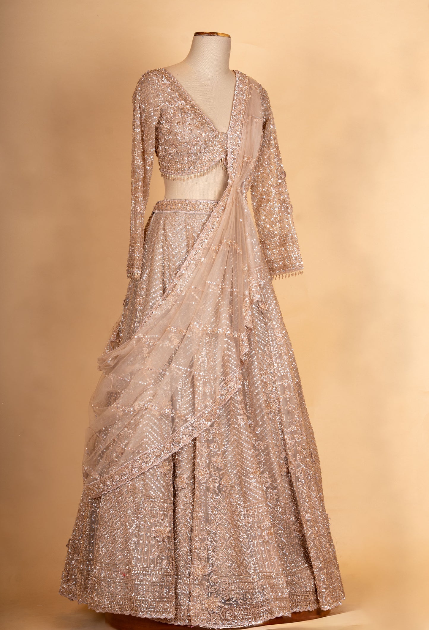 Luxury Champagne Beige Embroidered Lehenga with Sheer Sequin Dupatta | Designer Wedding Wear