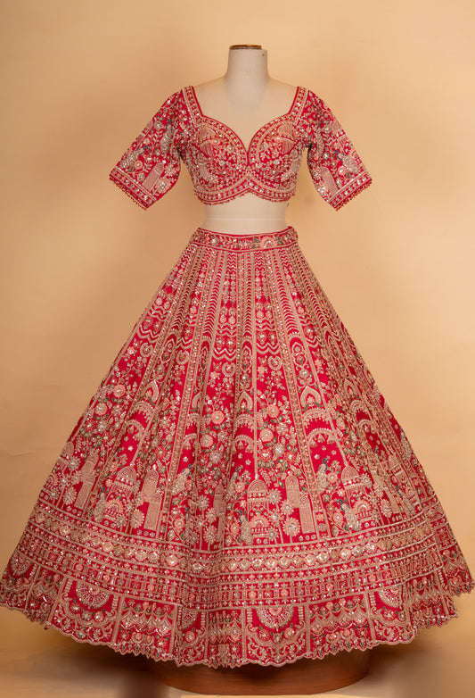 Bridal Red Heavy Embroidered Lehenga Choli with Net Dupatta | Designer Wedding Wear Lehenga - view 2