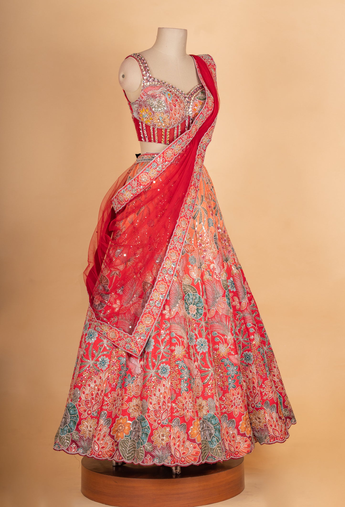 Designer Coral Red Floral Embroidered Lehenga Choli with Net Dupatta | Festive & Wedding Wear Lehenga