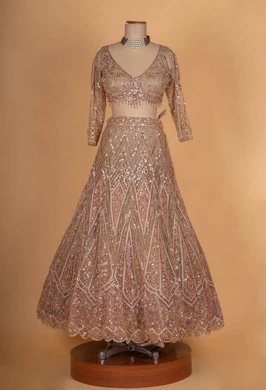 Rose Gold Sequined Bridal Lehenga Set with Net Dupatta | Designer Wedding & Reception Wear - view 2