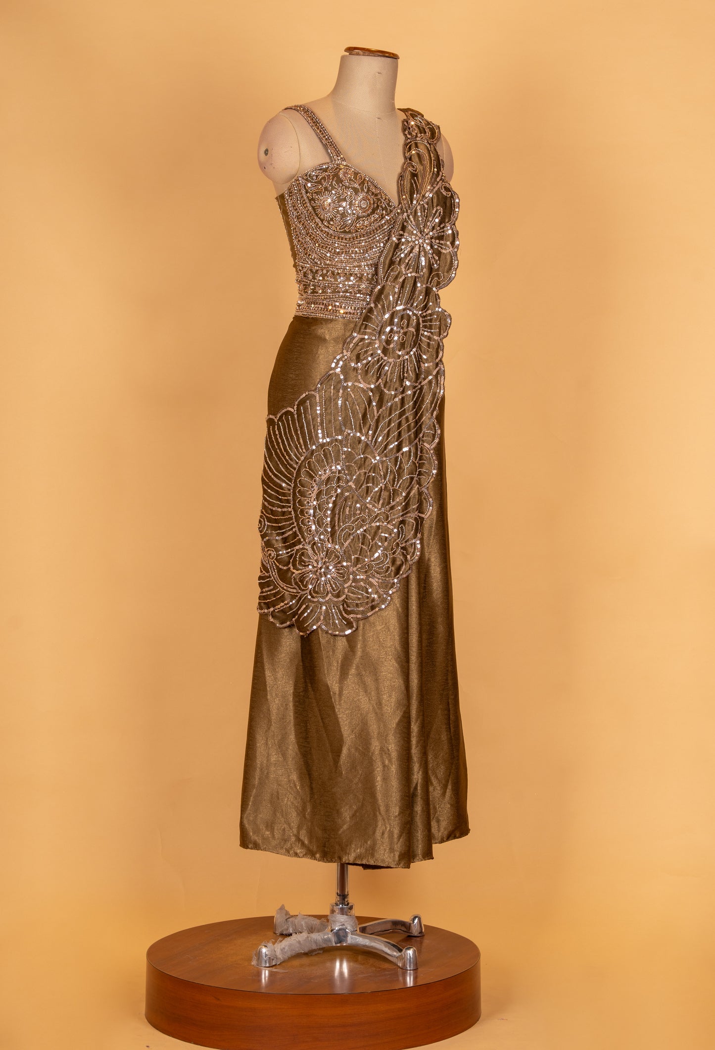 Antique Gold Embroidered Saree Gown with Sequins & Designer Drape | Luxury Cocktail & Evening Wear
