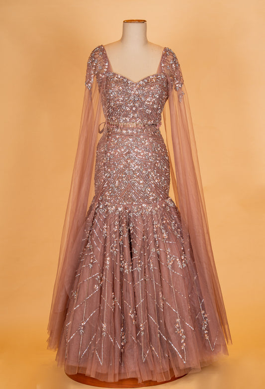 Dusty rose embellished mermaid lehenga with cape sleeves – product image 2