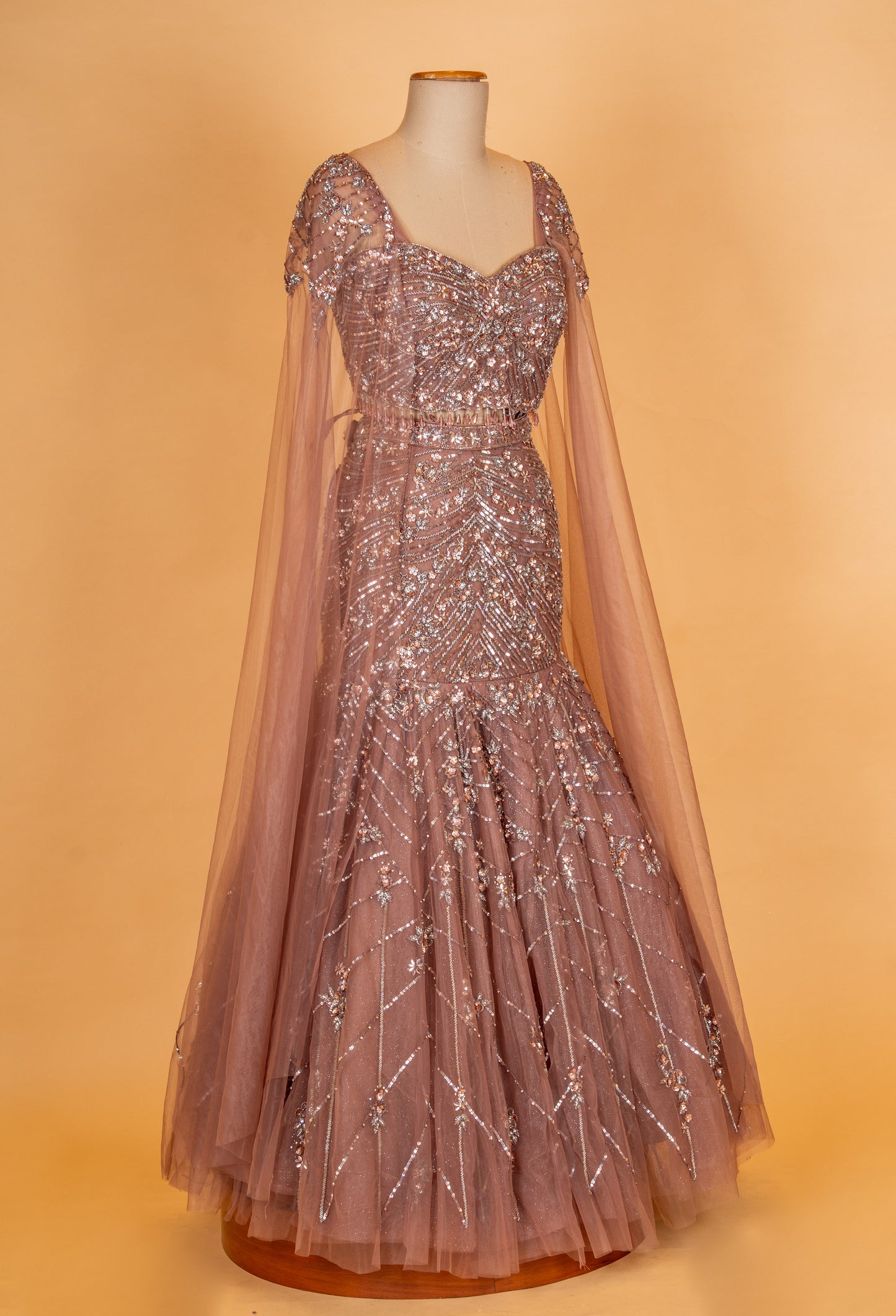 Dusty Rose Embellished Mermaid Lehenga with Cape Sleeves – Designer Evening & Bridal Wear
