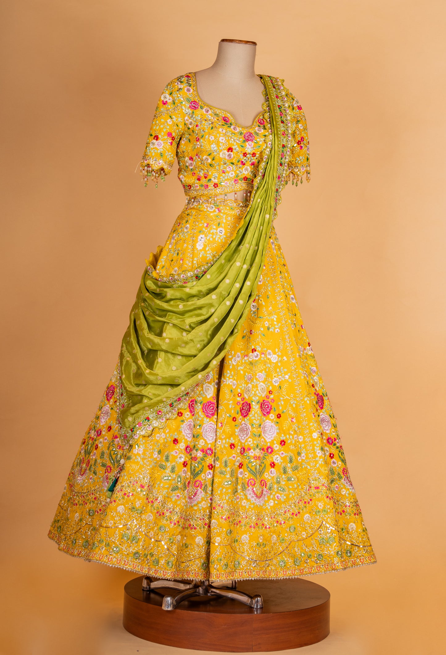 Yellow Floral Embroidered Lehenga Choli with Green Dupatta – Designer Festive & Wedding Wear