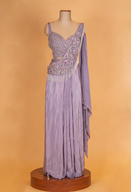 Lavender designer pre-stitched saree with sequin and bead embellished blouse