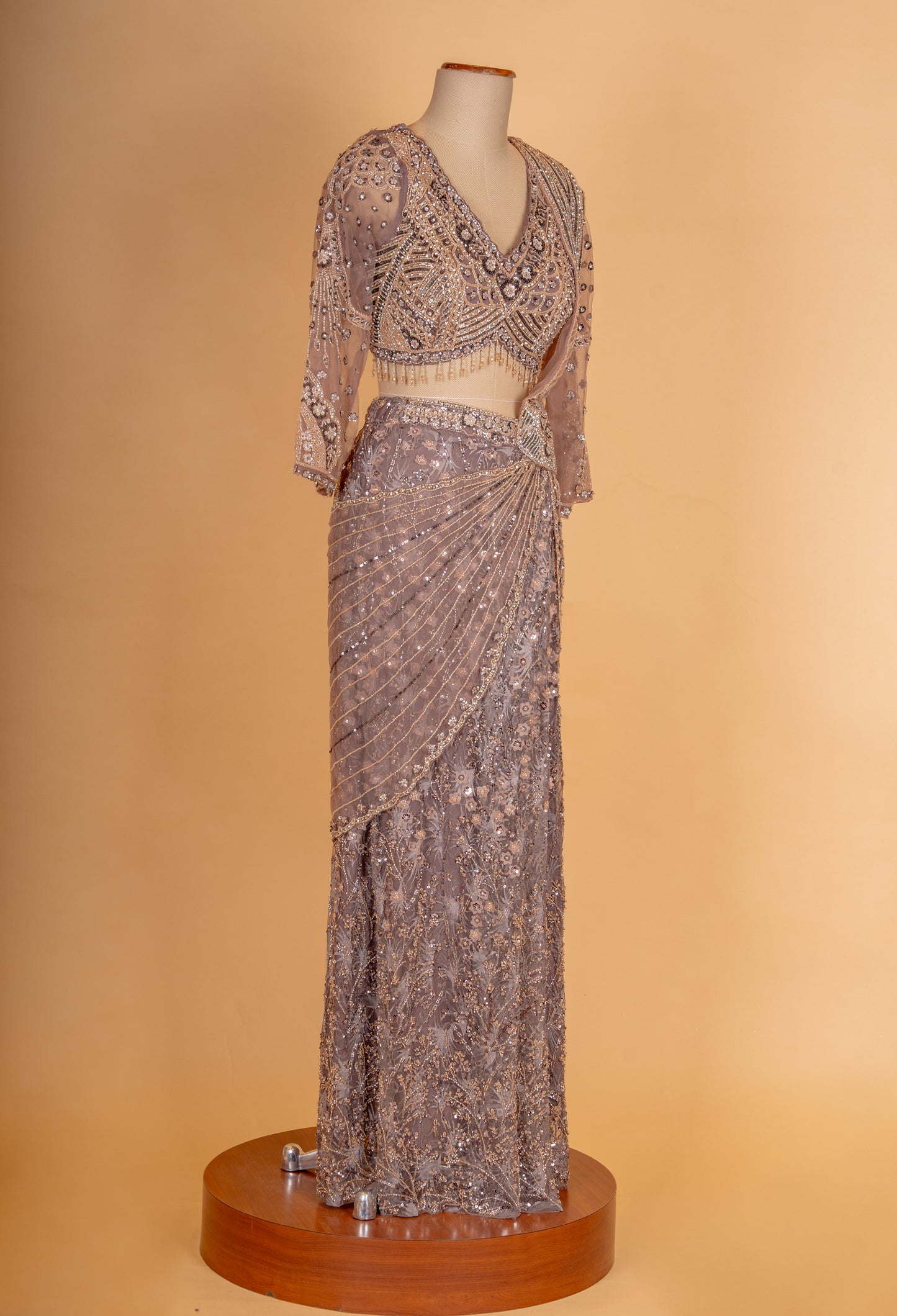 Taupe Embellished Pre-Draped Lehenga Saree with Full Sleeve Blouse – Designer Party & Cocktail Wear