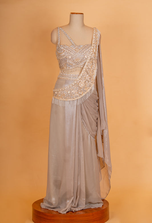Silver grey pre-draped saree with embellished blouse – product image 2