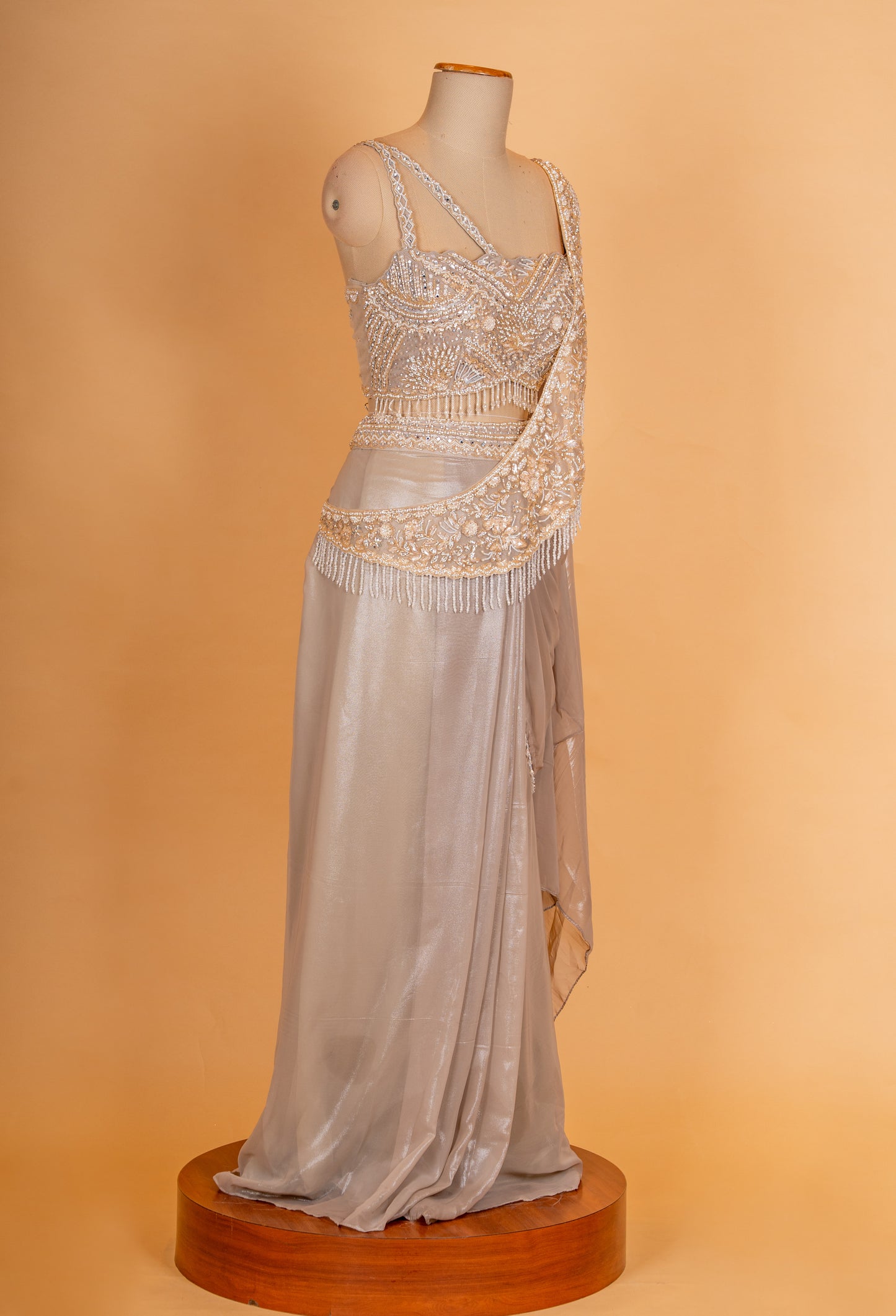 Silver Grey Pre-Draped Saree with Embellished Blouse – Designer Cocktail & Party Wear