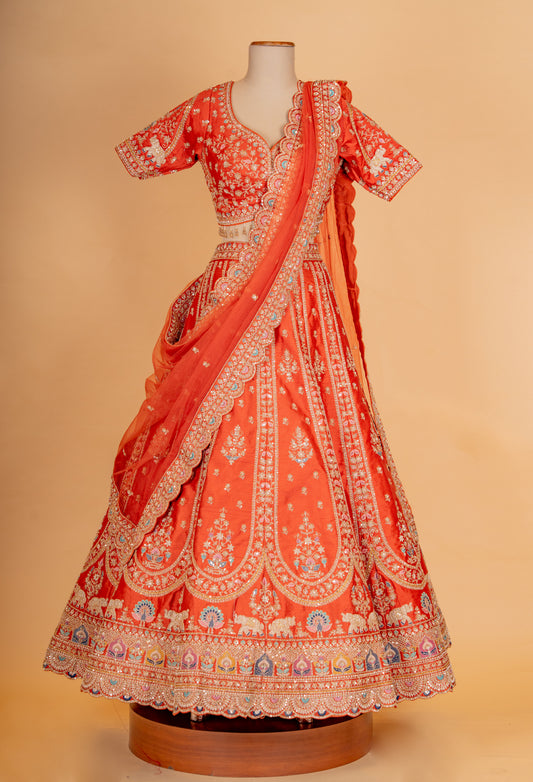 Orange embroidered bridal lehenga choli with dupatta – product image 2