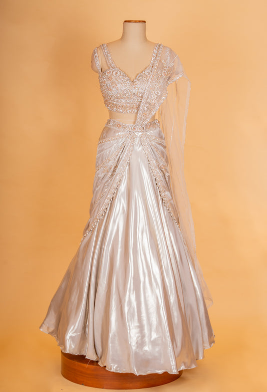 Champagne gold satin lehenga with embellished blouse and draped dupatta – product image 2