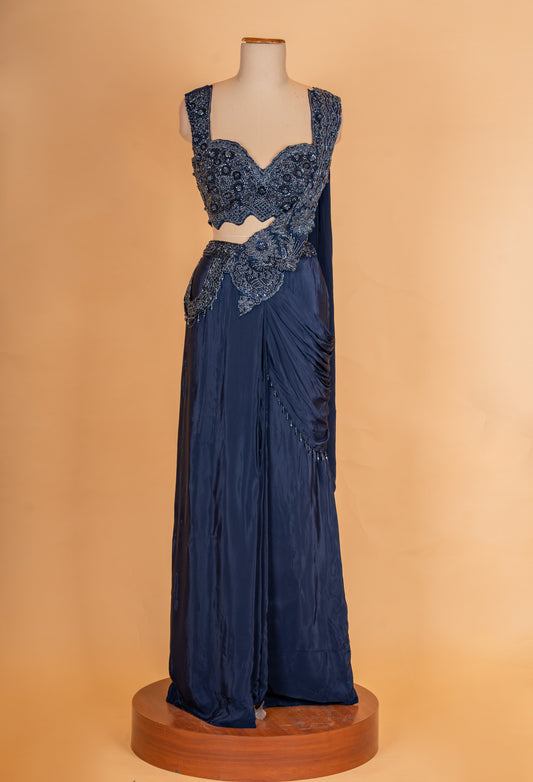 Navy blue pre-draped saree with embellished blouse – product image 2