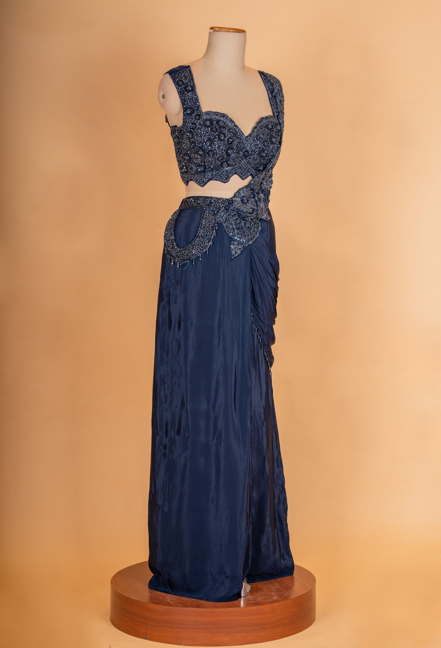 Navy Blue Pre-Draped Saree with Embellished Blouse – Designer Cocktail & Evening Wear