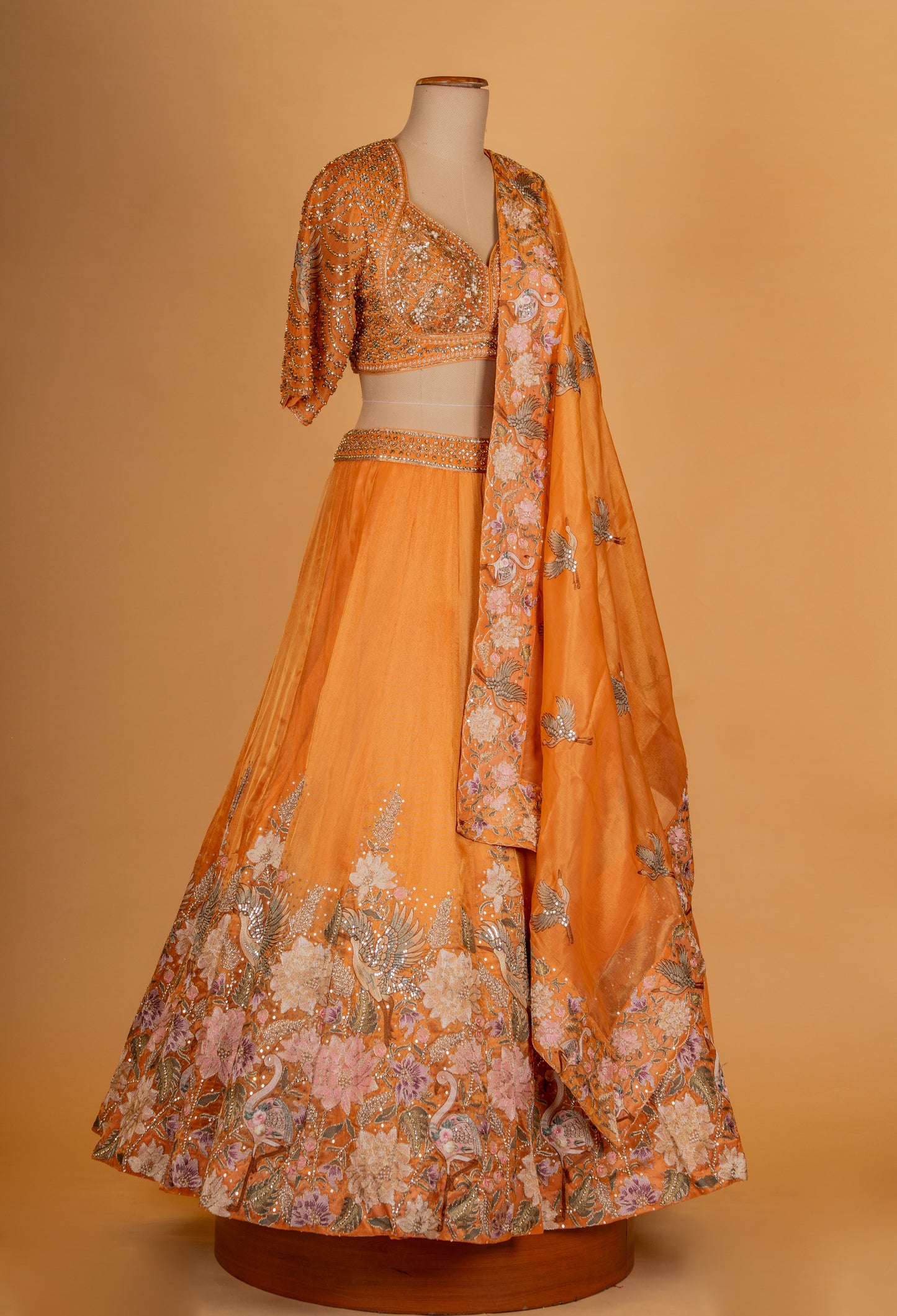 Mustard Orange Floral Embroidered Lehenga Choli with Dupatta – Designer Wedding & Festive Wear for Women