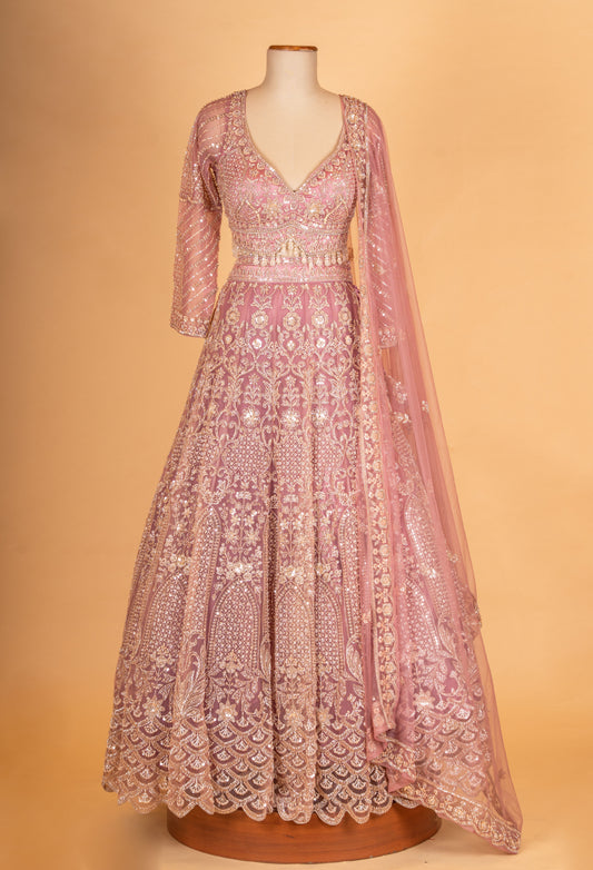 Dusty rose pink embroidered lehenga choli - view 2