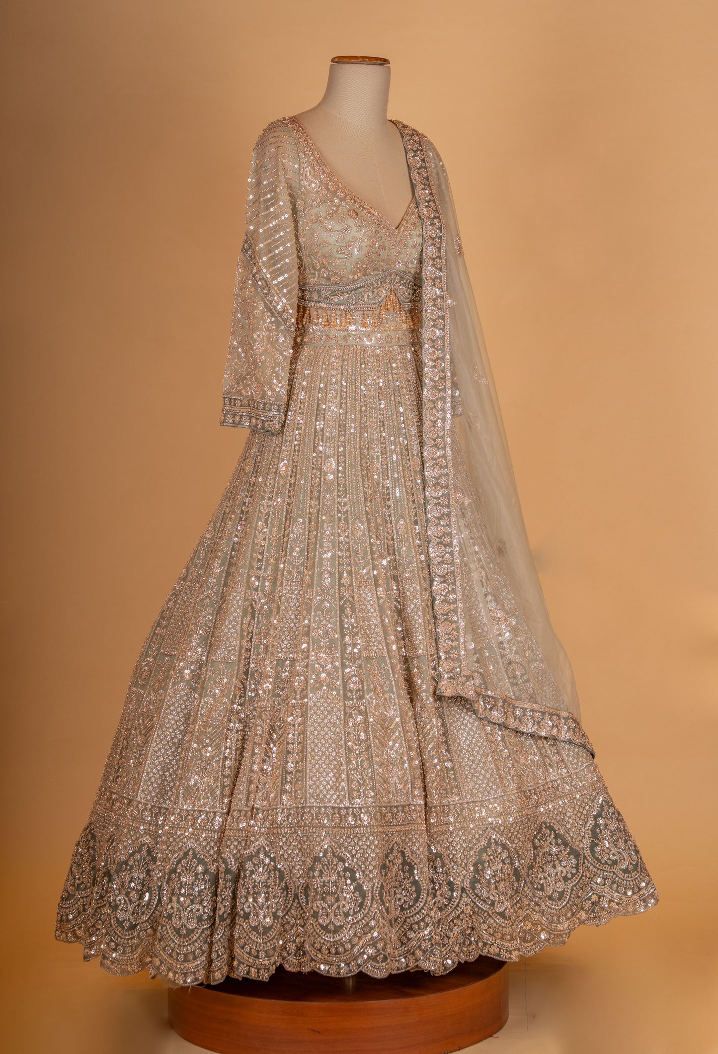 " Sage Green Sequin Embroidered Lehenga Choli with Net Dupatta – Designer Wedding & Festive Wear for Women"