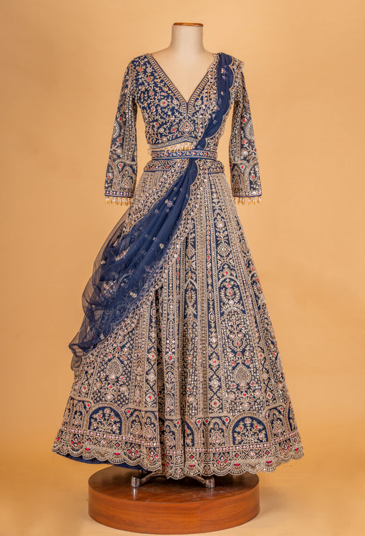 Navy blue heavy embroidered lehenga choli - view 2
