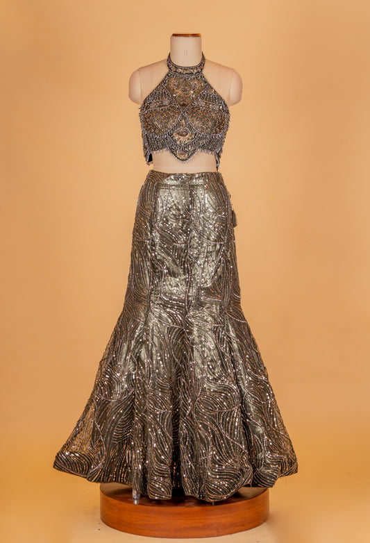 Olive green sequin embroidered lehenga choli - view 2