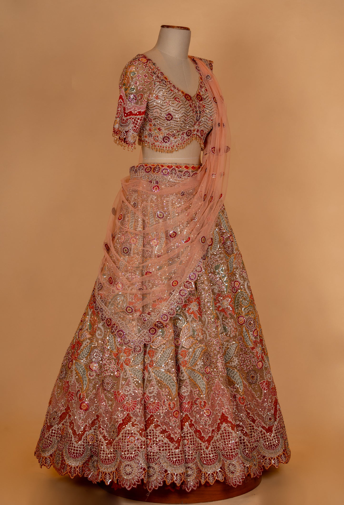 Peach Embroidered Bridal Lehenga Set with Heavy Sequin Work & Net Dupatta