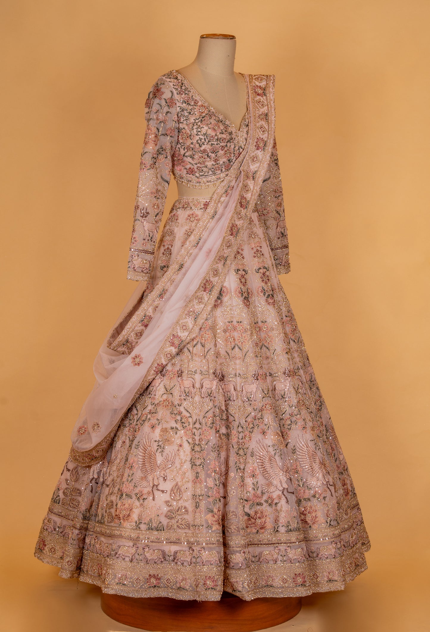 Blush Peach Floral Embroidered Bridal Lehenga Set with Net Dupatta