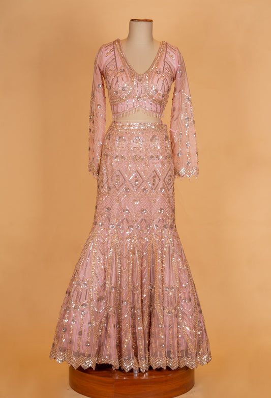 Blush pink sequin embroidered designer lehenga - view 2