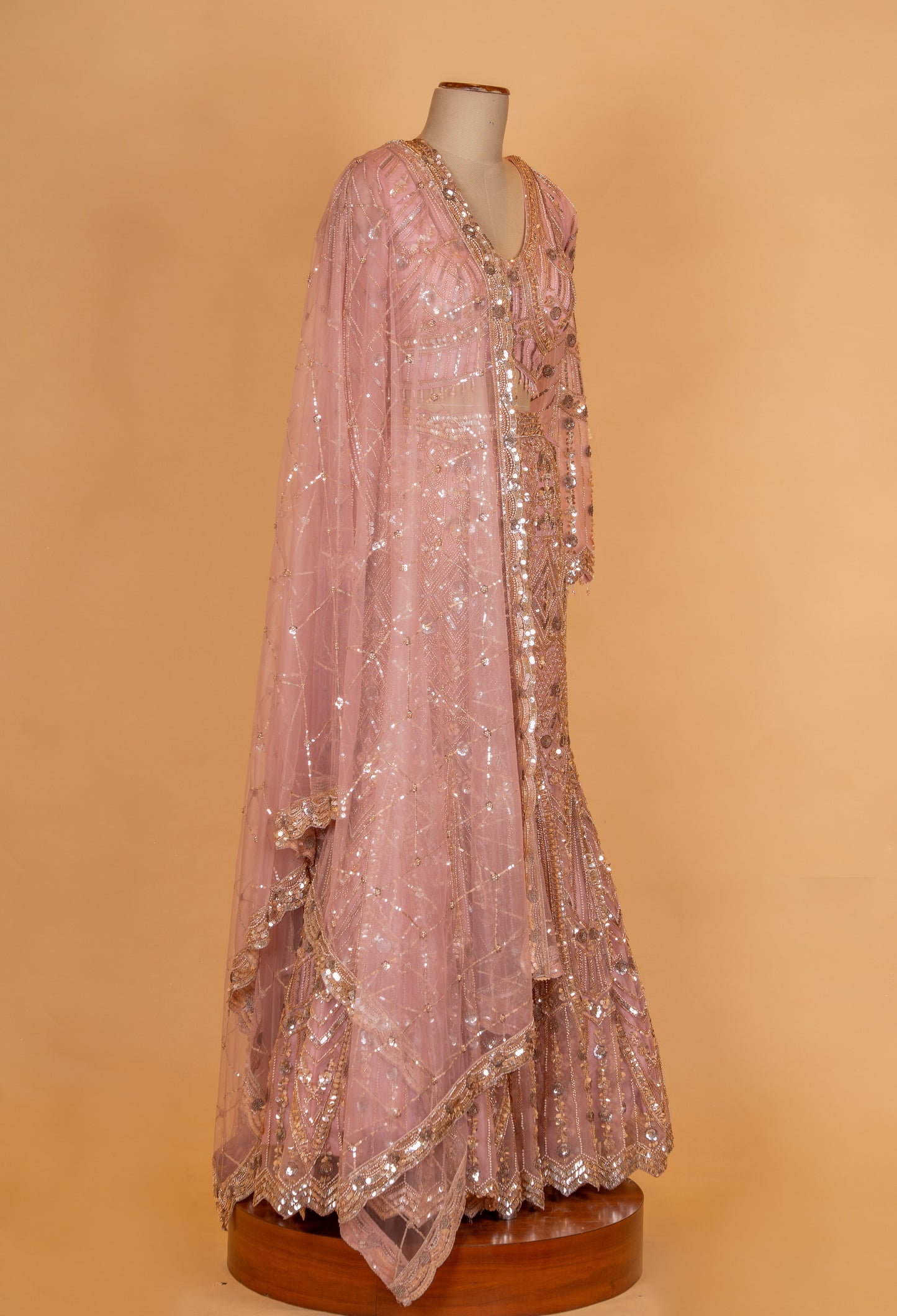 " Blush Pink Sequin Embroidered Designer Lehenga Set with Net Dupatta"