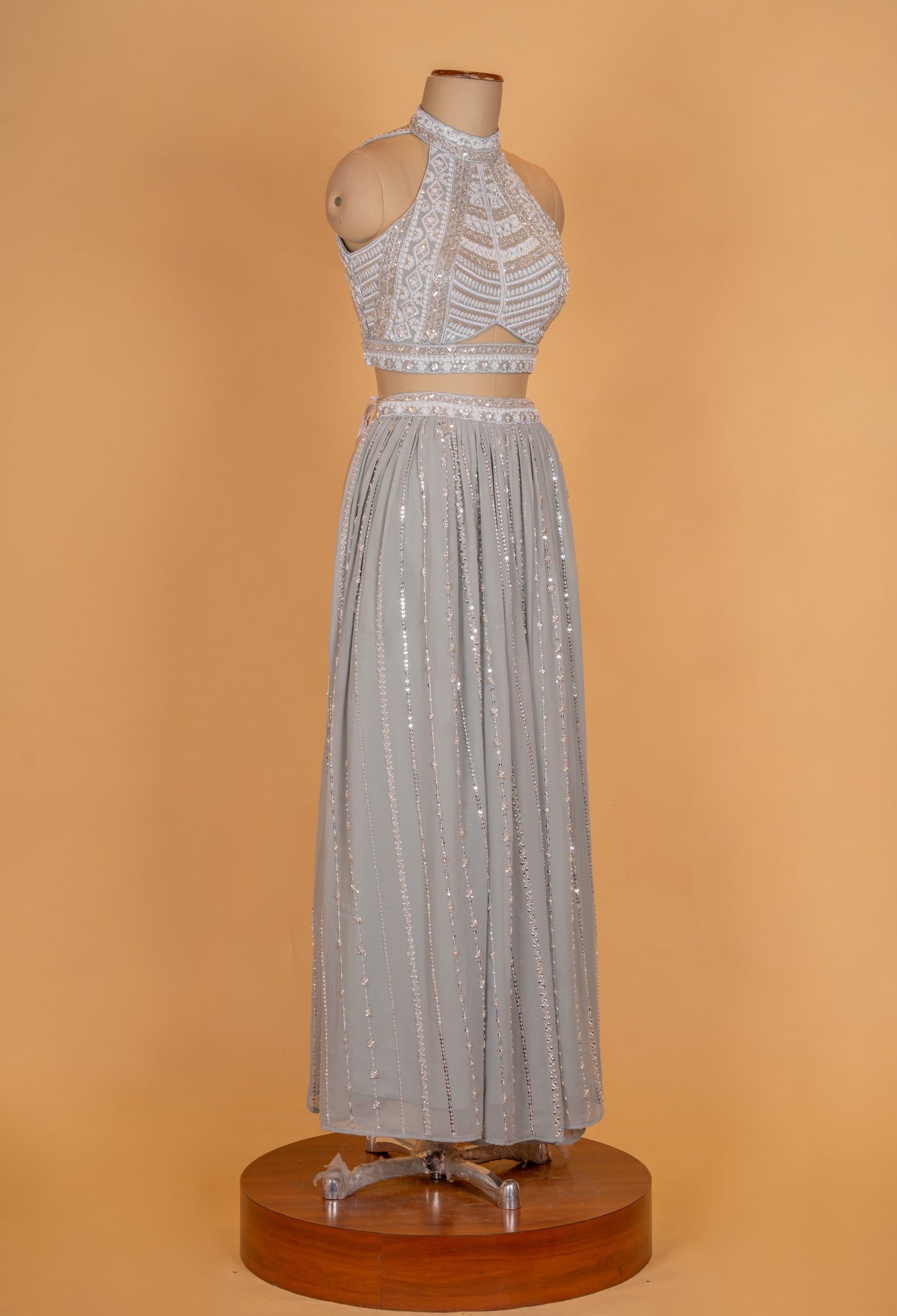 "Silver Grey Minimal Sequin Designer Lehenga Set with Halter Neck Blouse "