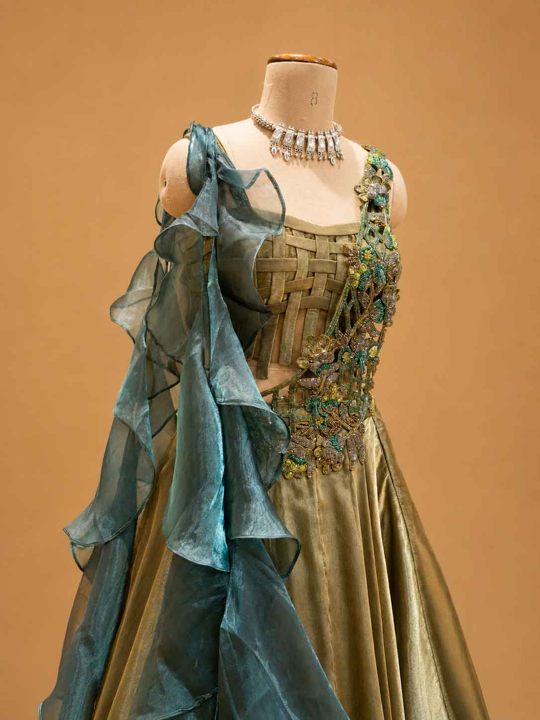 Olive Green Designer Draped Gown with Organza Ruffle Drape & Floral Embellishments