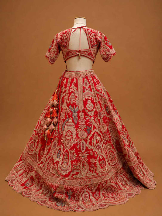 Royal red designer bridal lehenga with heritage embroidery - view 2