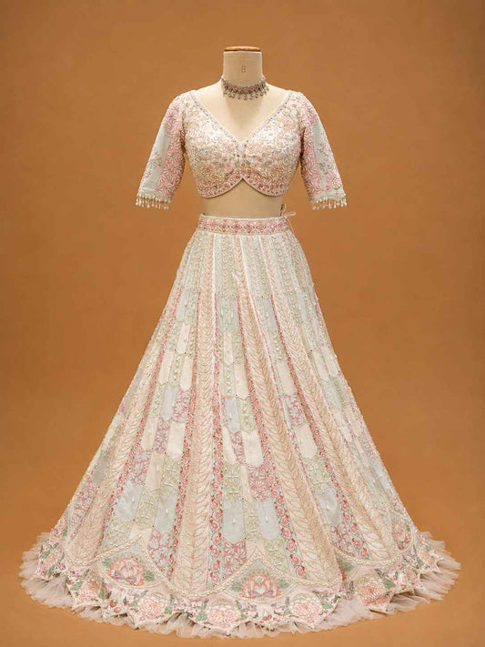 Ivory designer bridal lehenga with pastel embroidery - view 2